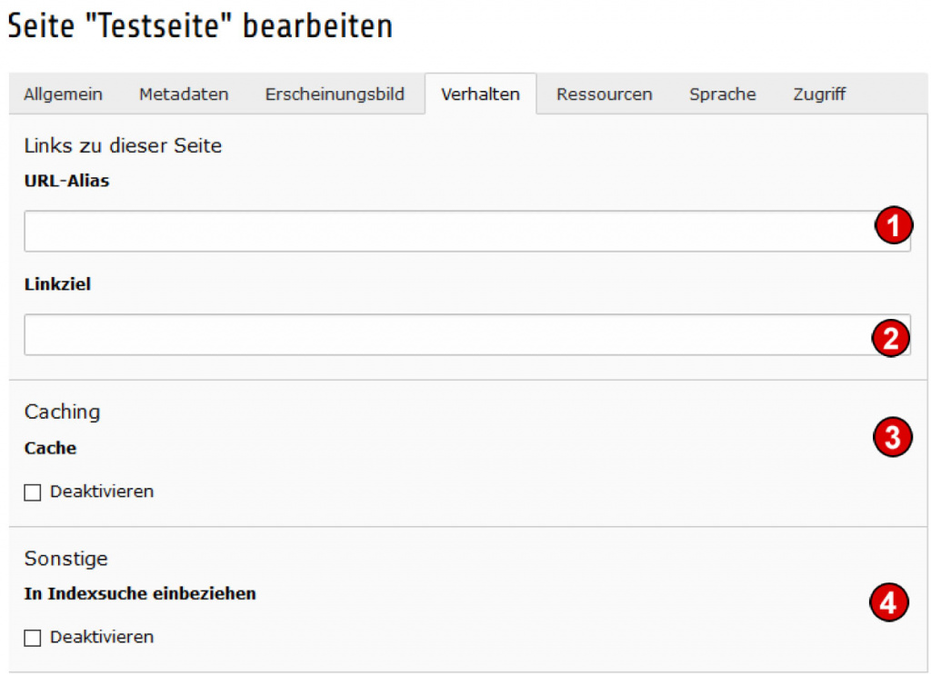 TYPO3 Handbuch v. 8 LTS - Seite bearbeiten - Reiter Verhalten