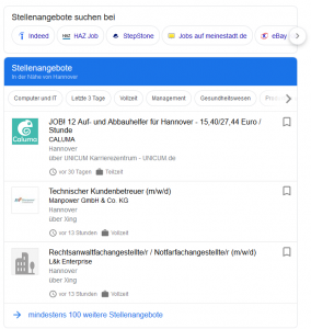 Übersicht der Stellenangebote bei Google