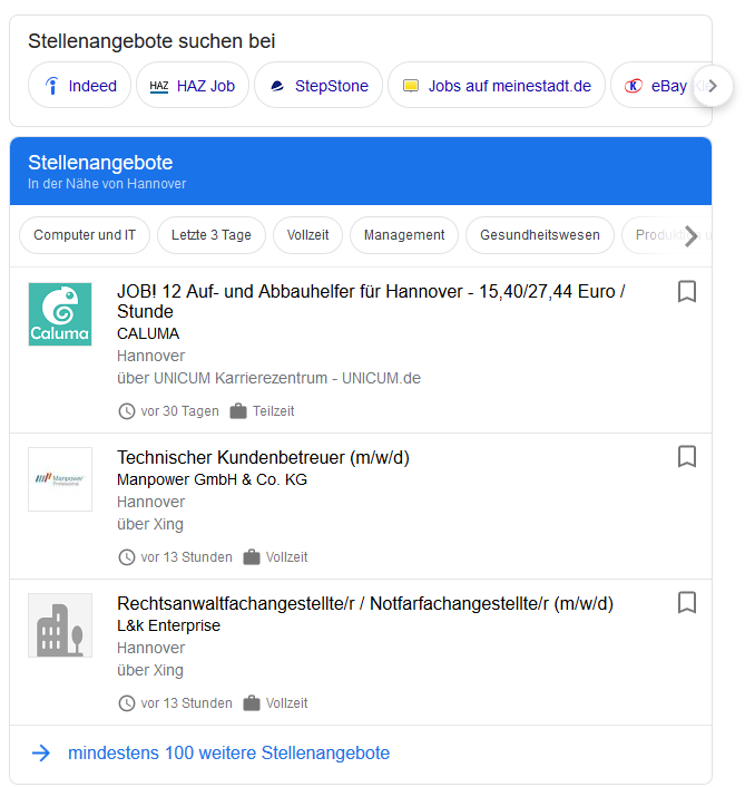 Übersicht der Stellenangebote bei Google