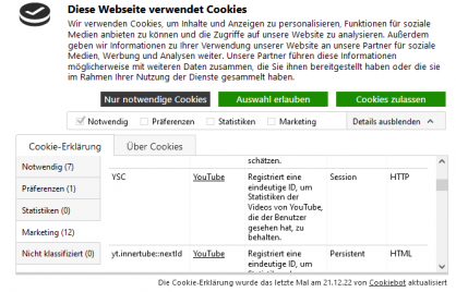 Hinweisfenster eines Cookie Manager über die gefundenen Cookies auf der Webseite