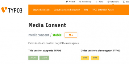 Screenshot aus dem TYPO3 Repository für die Erweiterung Media Consent