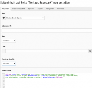 Screenshot Beispiel Einbindung iFrame Element in TYPO3 mit Media Consent