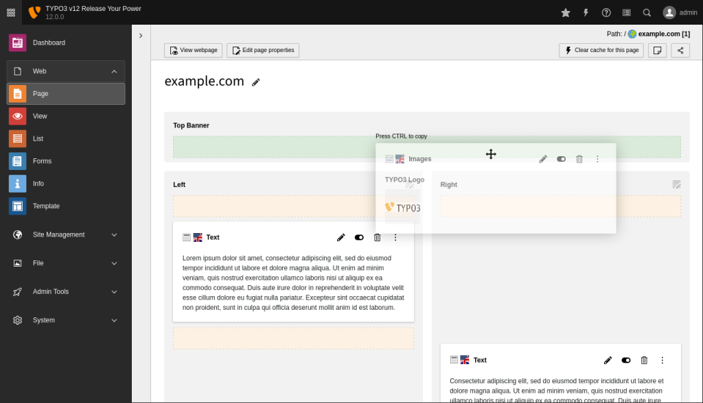 Ansicht der neuen Drag-and-Drop Version in TYPO3 Version 12