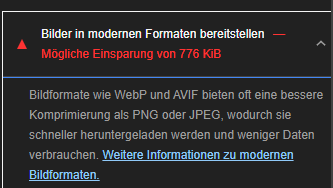 Hinweisfenster des Prüftools Lightbox mit dem Hinweis, Bilder in modernen Formaten Einsparungen im Datenvolumen ermöglichen.