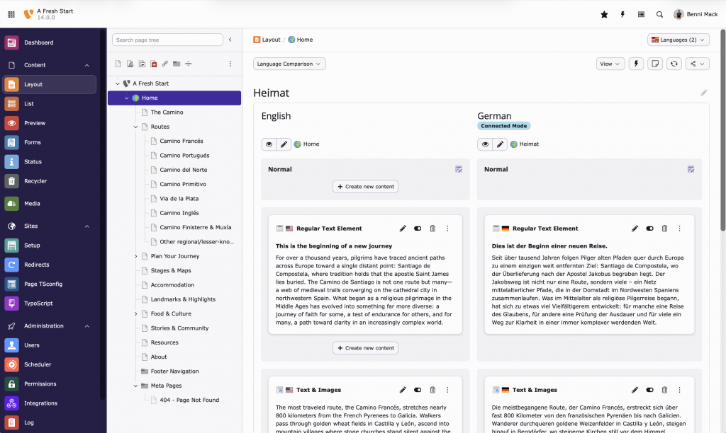 Übersicht der Seiten und Inhalte im Backend