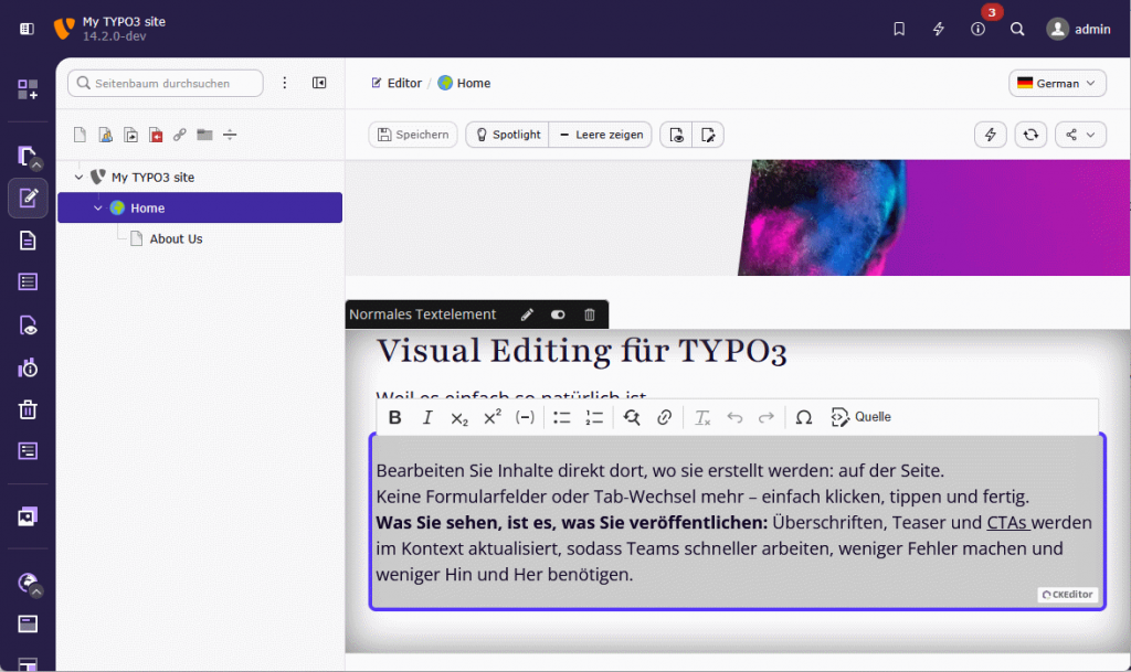 Screenshot des Visual Editors im Backend
