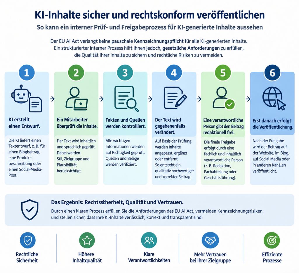 KI-Entwurf → menschliche Prüfung → redaktionelle Verantwortung → Veröffentlichung
kann dazu führen, dass die spezielle Offenlegungspflicht für KI-generierte Texte nicht greift. Allerdings sollte die menschliche Prüfung tatsächlich inhaltlich erfolgen.
Eine reine Rechtschreibkontrolle ist nicht dasselbe wie eine redaktionelle Prüfung. Unternehmen sollten deshalb interne Prozesse definieren, beispielsweise: KI erstellt einen Entwurf. Ein Mitarbeiter überprüft die Inhalte. Fakten und Quellen werden kontrolliert. Der Text wird gegebenenfalls verändert. Eine verantwortliche Person gibt den Beitrag redaktionell frei. Erst danach erfolgt die Veröffentlichung. Eine solche Vorgehensweise ist nicht nur für die Qualität der Inhalte sinnvoll. Sie schafft gleichzeitig einen nachvollziehbaren redaktionellen Prozess.