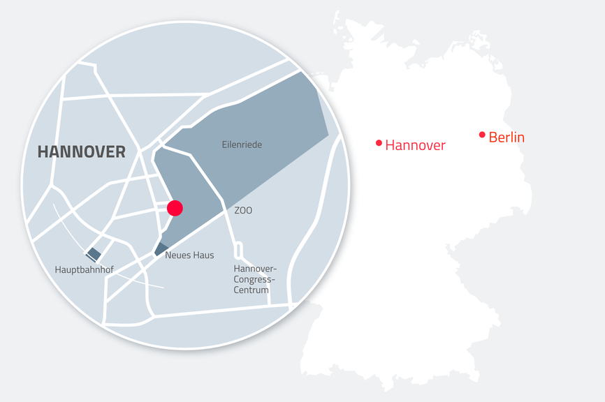 Standortkarte Deutschlan VisionConnect GmbH mit Ausschnitt Standort Hannover Hohenzollenstrasse